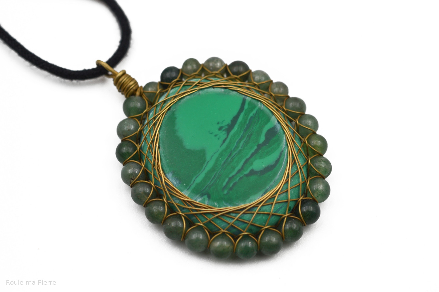 Pendentif Malachite paysagée sertit avec perles d'Agate